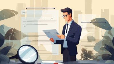 Businessman Reviewing Documents with Magnifier, Quality Assurance Concept - Inspection, Investigation, Auditing, Research, Legal Compliance Vector Illustration
